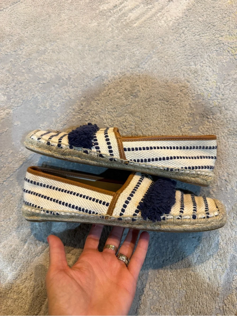 Tory Burch Shaw Fringe Espadrilles Navy Cream Stripe Slip On 10.5